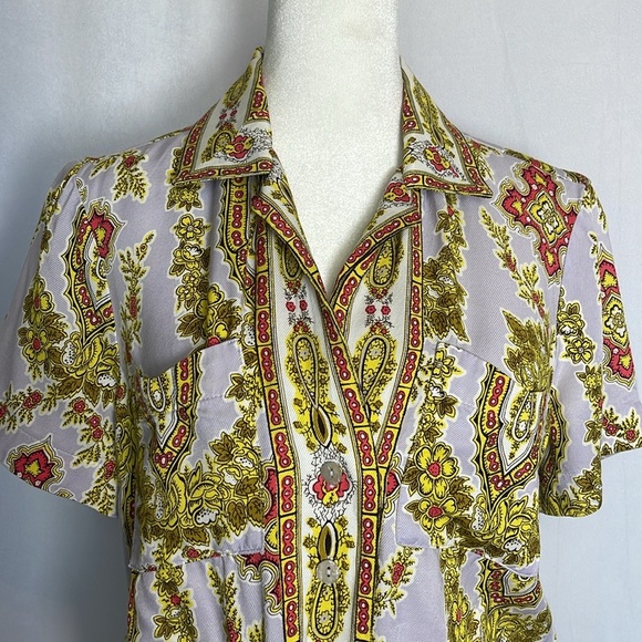 Anthropologie Maeve Echarpe Medallion Scarf Print Blouse Sz 6 Cropped Casual EUC - Picture 3 of 11